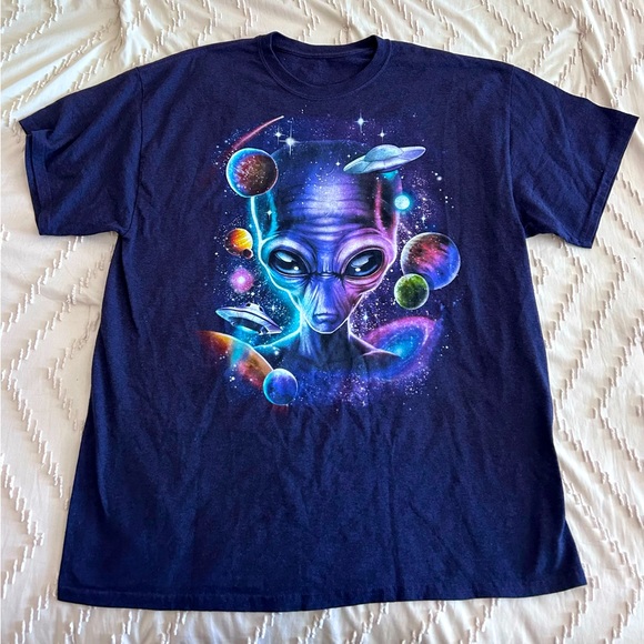 Y2K Martian Alien Space Galaxy UFO Graphic Purple T-Shirt Sz XL EUC - Picture 1 of 3